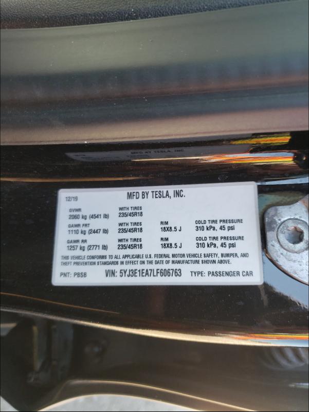 Photo 9 VIN: 5YJ3E1EA7LF606763 - TESLA MODEL 3 