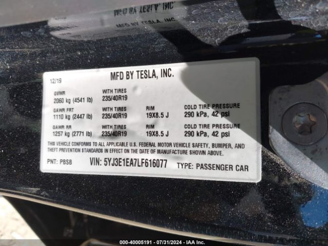 Photo 8 VIN: 5YJ3E1EA7LF616077 - TESLA MODEL 3 