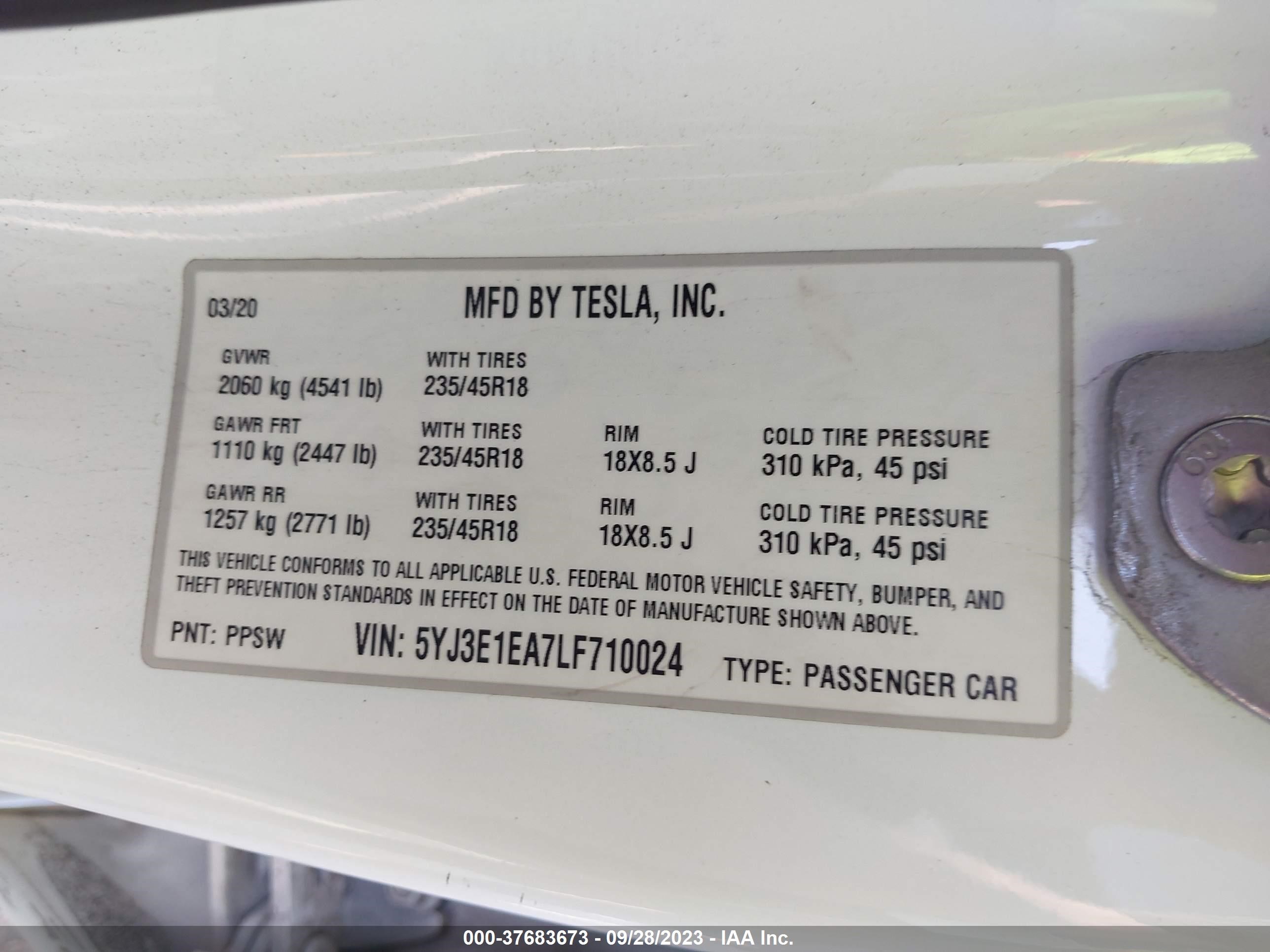 Photo 8 VIN: 5YJ3E1EA7LF710024 - TESLA MODEL 3 