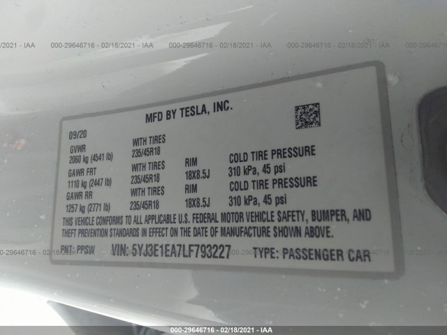 Photo 8 VIN: 5YJ3E1EA7LF793227 - TESLA MODEL 3 