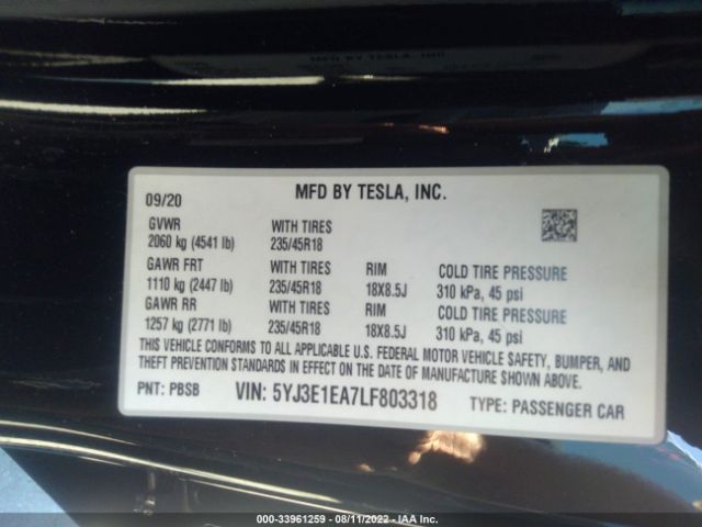 Photo 8 VIN: 5YJ3E1EA7LF803318 - TESLA MODEL 3 