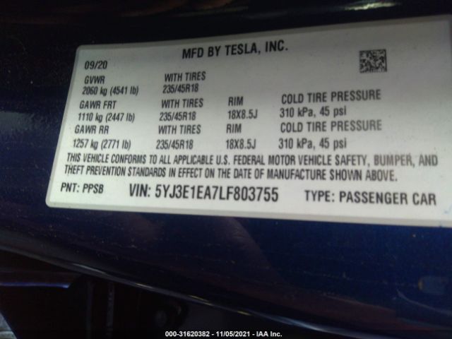 Photo 8 VIN: 5YJ3E1EA7LF803755 - TESLA MODEL 3 