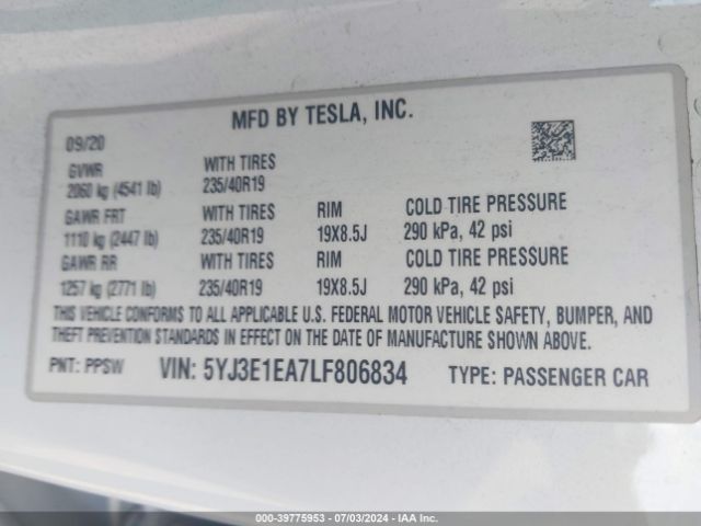 Photo 8 VIN: 5YJ3E1EA7LF806834 - TESLA MODEL 3 