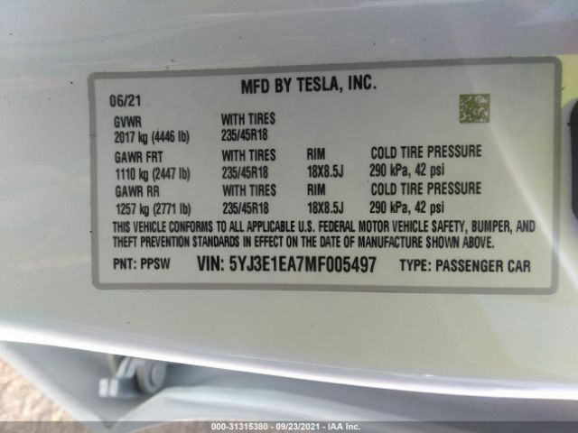 Photo 8 VIN: 5YJ3E1EA7MF005497 - TESLA MODEL 3 