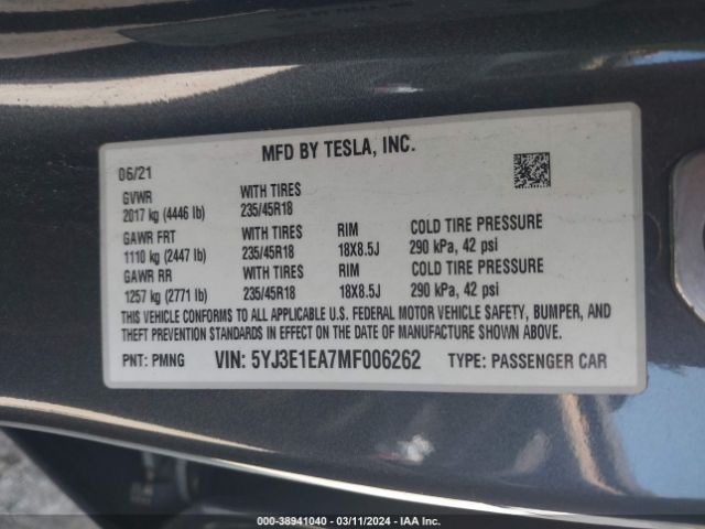 Photo 8 VIN: 5YJ3E1EA7MF006262 - TESLA MODEL 3 