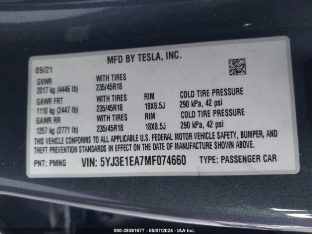 Photo 8 VIN: 5YJ3E1EA7MF074660 - TESLA MODEL 3 