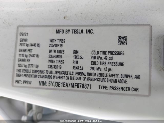 Photo 8 VIN: 5YJ3E1EA7MF078871 - TESLA MODEL 3 