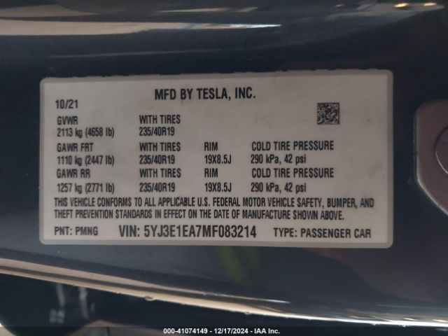 Photo 8 VIN: 5YJ3E1EA7MF083214 - TESLA MODEL 3 