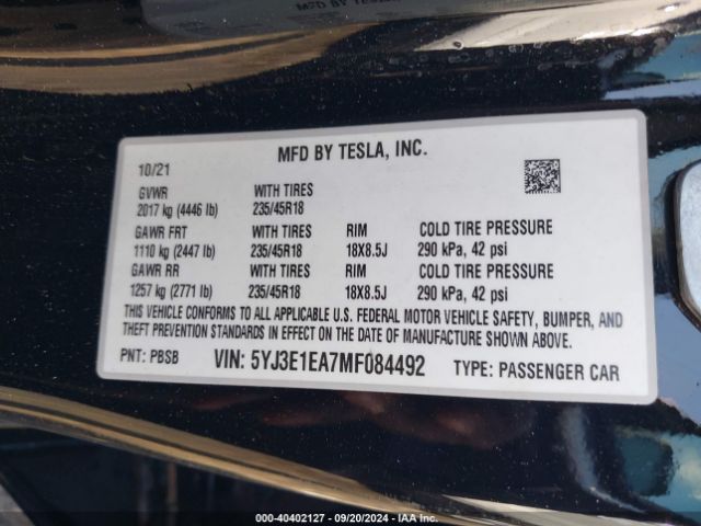 Photo 8 VIN: 5YJ3E1EA7MF084492 - TESLA MODEL 3 