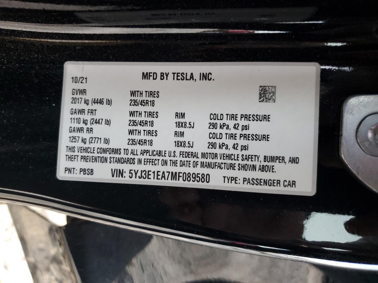 Photo 12 VIN: 5YJ3E1EA7MF089580 - TESLA MODEL 3 