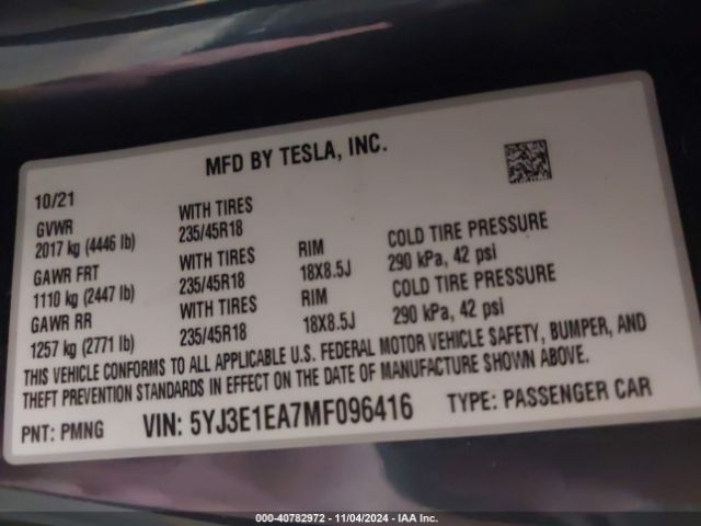 Photo 8 VIN: 5YJ3E1EA7MF096416 - TESLA MODEL 3 