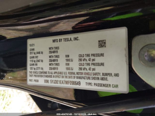 Photo 8 VIN: 5YJ3E1EA7MF098649 - TESLA MODEL 3 