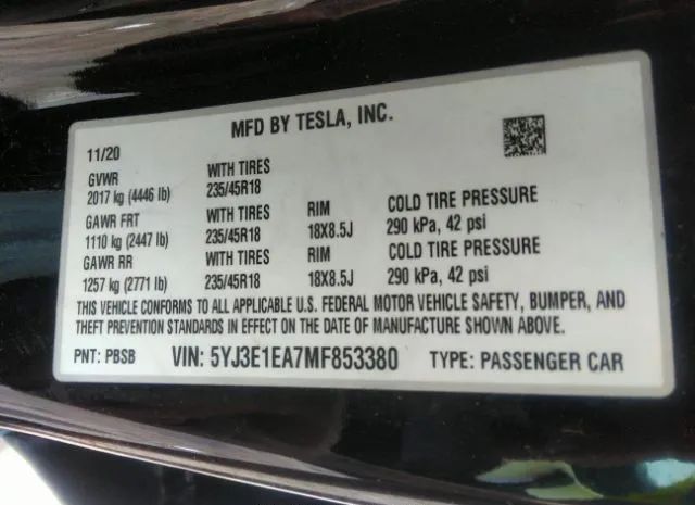 Photo 8 VIN: 5YJ3E1EA7MF853380 - TESLA MODEL 3 