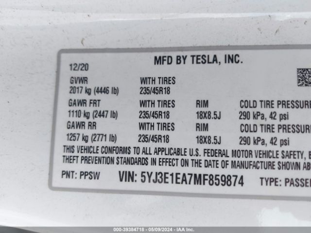 Photo 8 VIN: 5YJ3E1EA7MF859874 - TESLA MODEL 3 