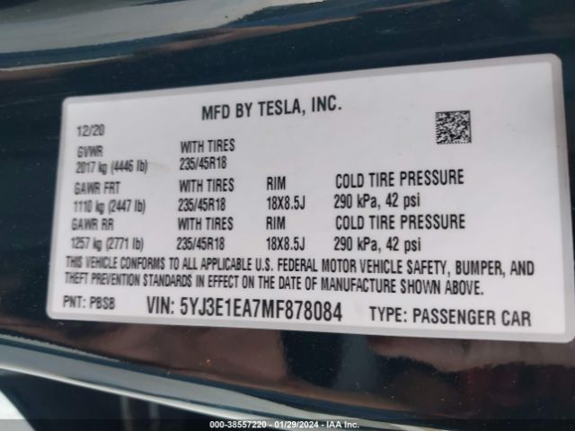 Photo 8 VIN: 5YJ3E1EA7MF878084 - TESLA MODEL 3 