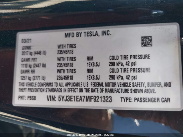 Photo 8 VIN: 5YJ3E1EA7MF921323 - TESLA MODEL 3 