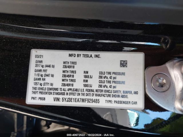 Photo 8 VIN: 5YJ3E1EA7MF929485 - TESLA MODEL 3 