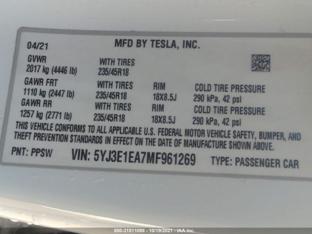 Photo 8 VIN: 5YJ3E1EA7MF961269 - TESLA MODEL 3 