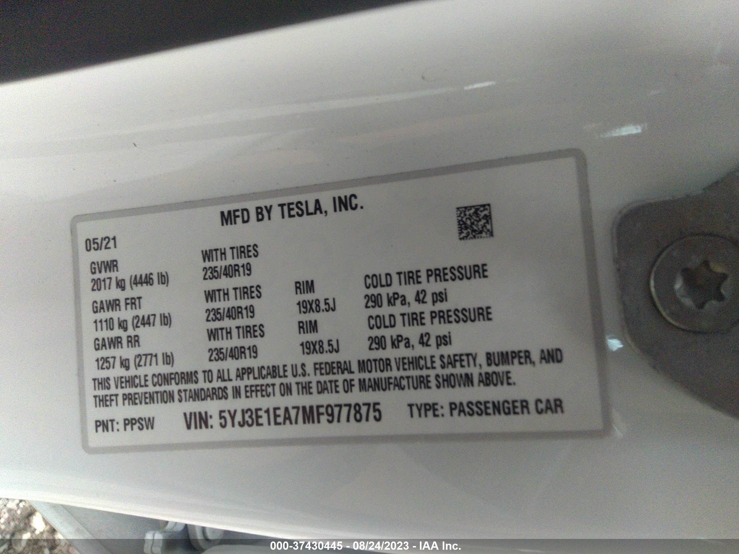 Photo 8 VIN: 5YJ3E1EA7MF977875 - TESLA MODEL 3 