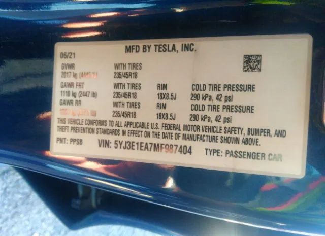 Photo 8 VIN: 5YJ3E1EA7MF987404 - TESLA MODEL 3 