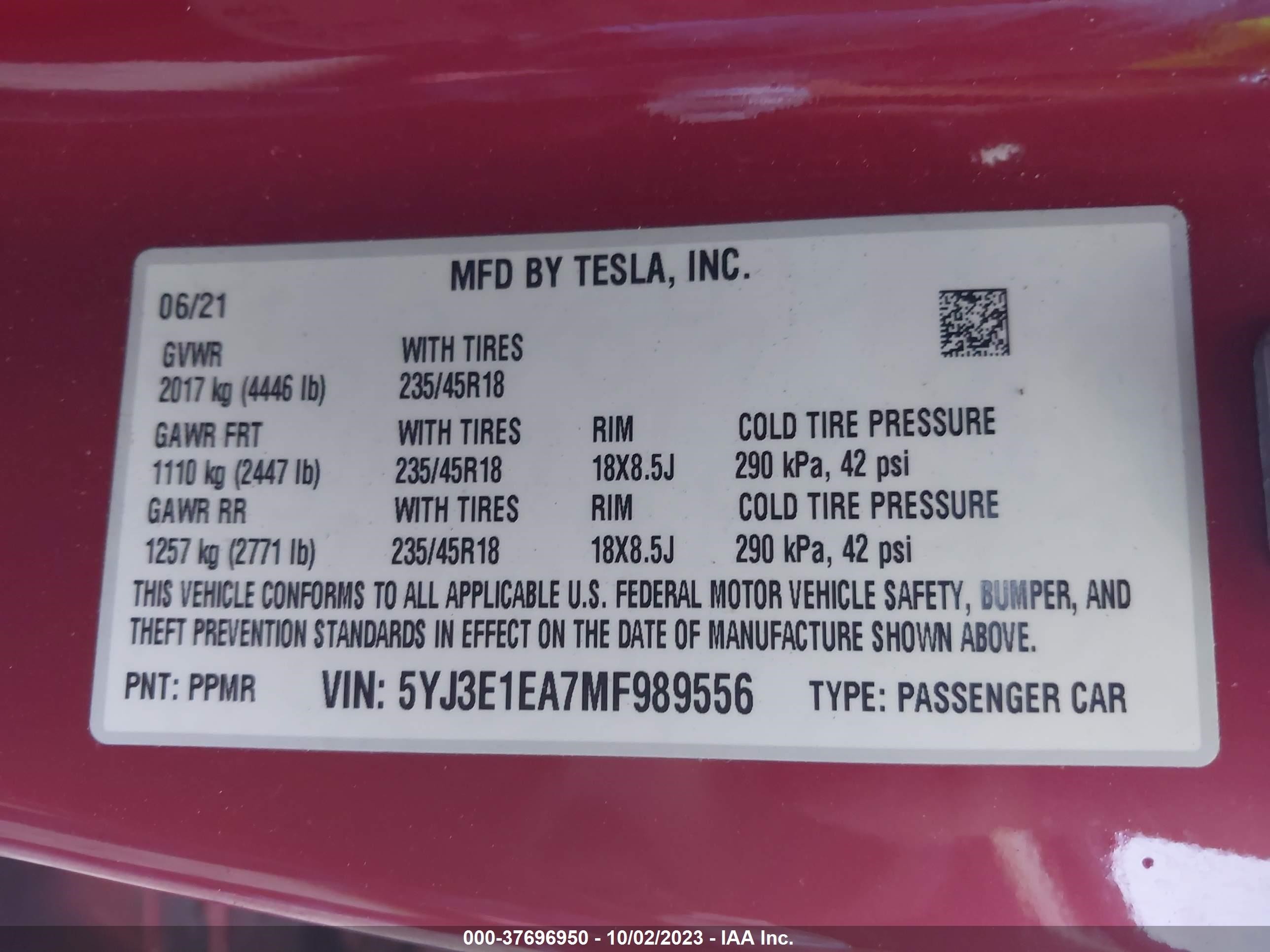 Photo 8 VIN: 5YJ3E1EA7MF989556 - TESLA MODEL 3 