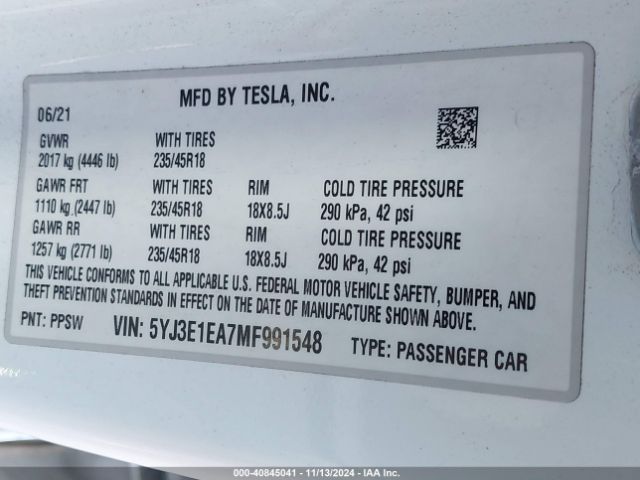 Photo 8 VIN: 5YJ3E1EA7MF991548 - TESLA MODEL 3 