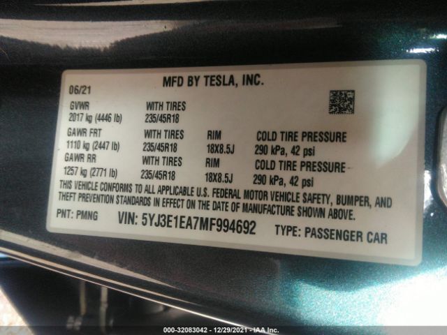 Photo 8 VIN: 5YJ3E1EA7MF994692 - TESLA MODEL 3 