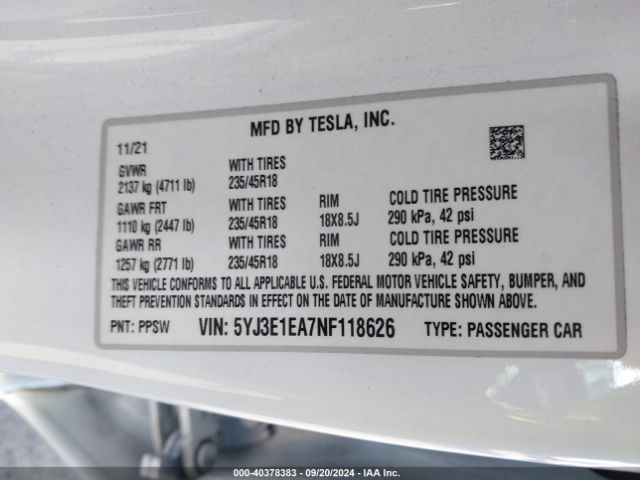 Photo 8 VIN: 5YJ3E1EA7NF118626 - TESLA MODEL 3 