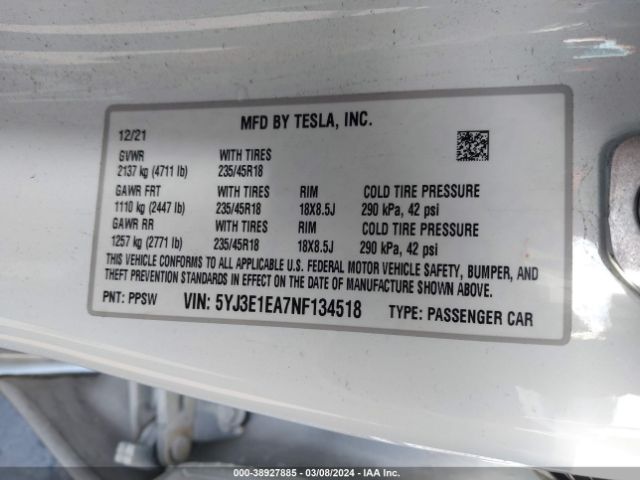 Photo 8 VIN: 5YJ3E1EA7NF134518 - TESLA MODEL 3 