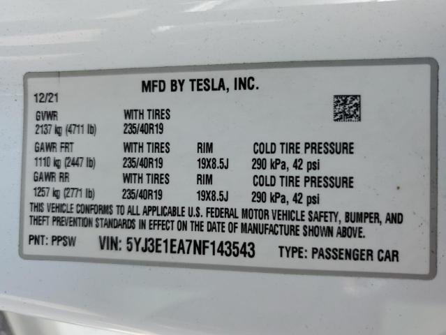 Photo 11 VIN: 5YJ3E1EA7NF143543 - TESLA MODEL 3 