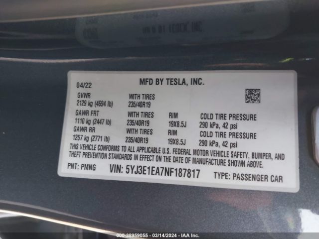 Photo 8 VIN: 5YJ3E1EA7NF187817 - TESLA MODEL 3 