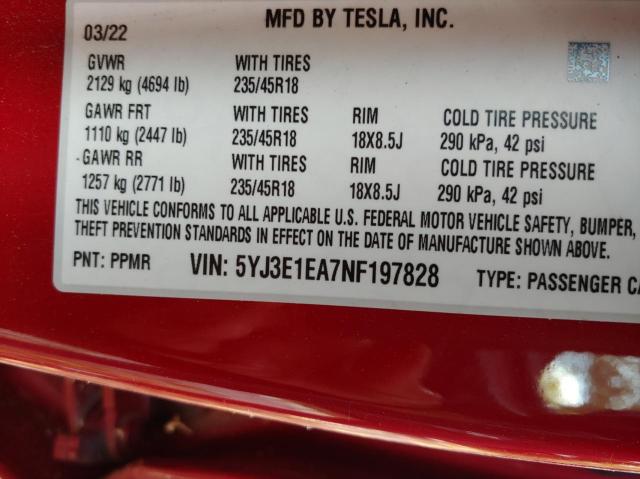 Photo 9 VIN: 5YJ3E1EA7NF197828 - TESLA MODEL 3 