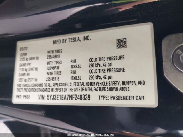 Photo 8 VIN: 5YJ3E1EA7NF248339 - TESLA MODEL 3 