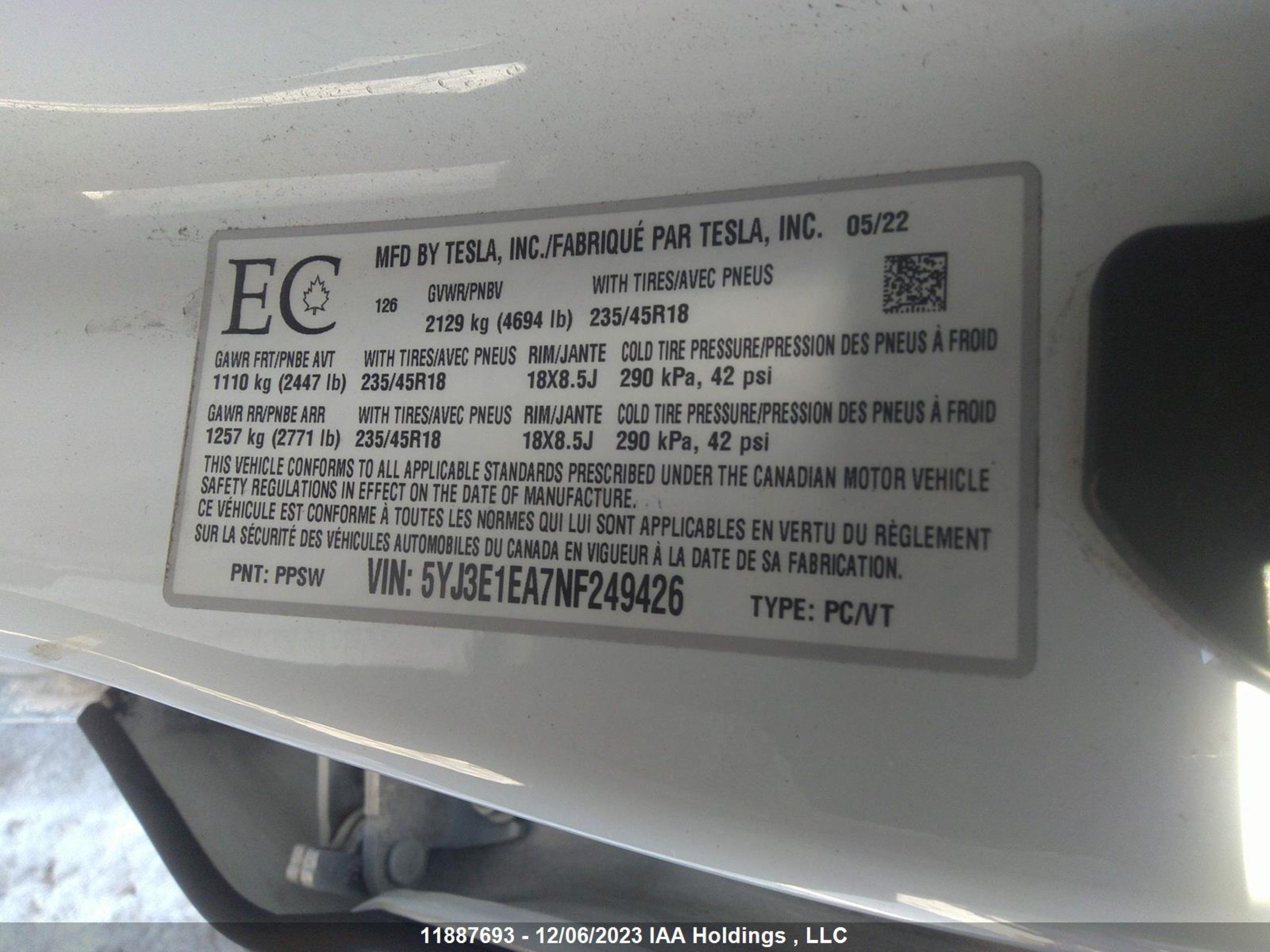 Photo 8 VIN: 5YJ3E1EA7NF249426 - TESLA MODEL 3 