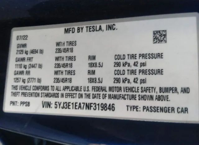 Photo 8 VIN: 5YJ3E1EA7NF319846 - TESLA MODEL 3 