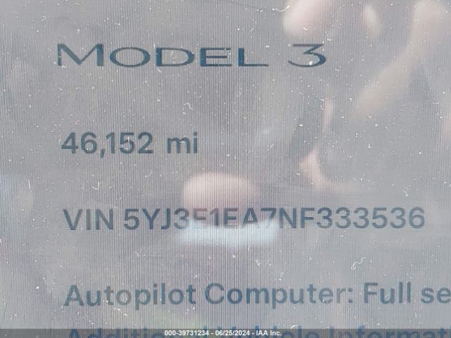 Photo 6 VIN: 5YJ3E1EA7NF333536 - TESLA MODEL 3 