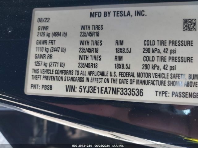 Photo 8 VIN: 5YJ3E1EA7NF333536 - TESLA MODEL 3 