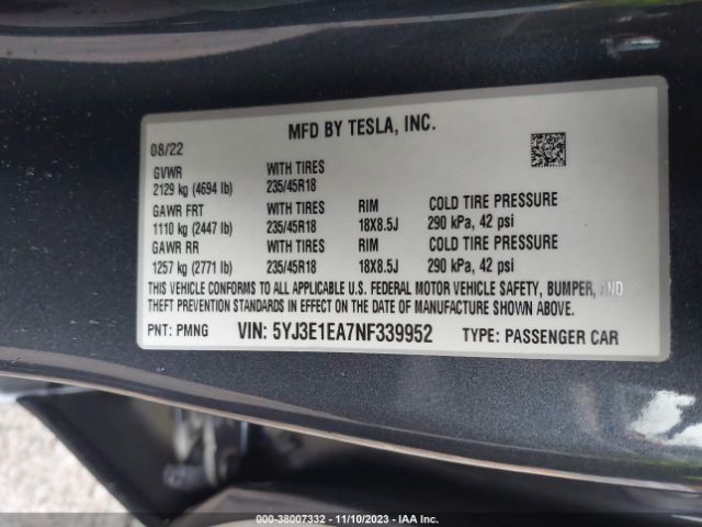 Photo 8 VIN: 5YJ3E1EA7NF339952 - TESLA MODEL 3 