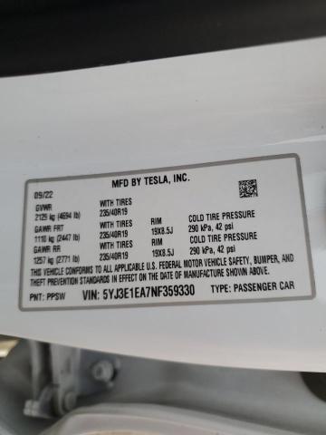 Photo 12 VIN: 5YJ3E1EA7NF359330 - TESLA MODEL 3 