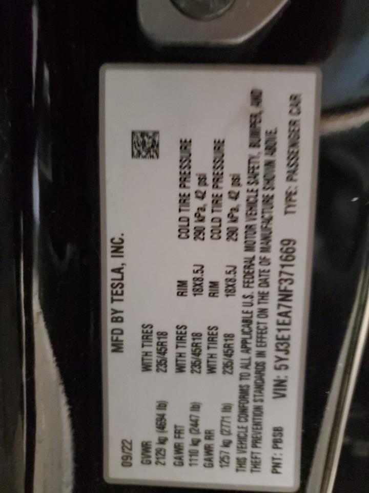 Photo 12 VIN: 5YJ3E1EA7NF371669 - TESLA MODEL 3 