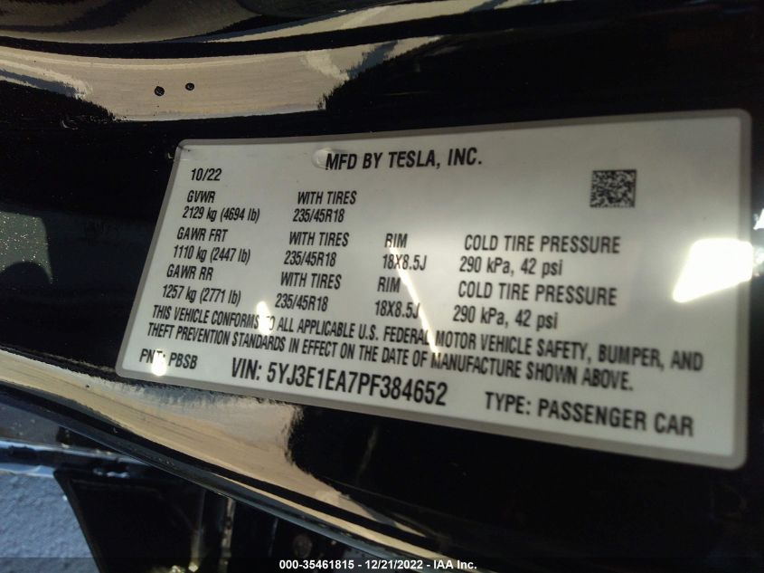 Photo 8 VIN: 5YJ3E1EA7PF384652 - TESLA MODEL 3 