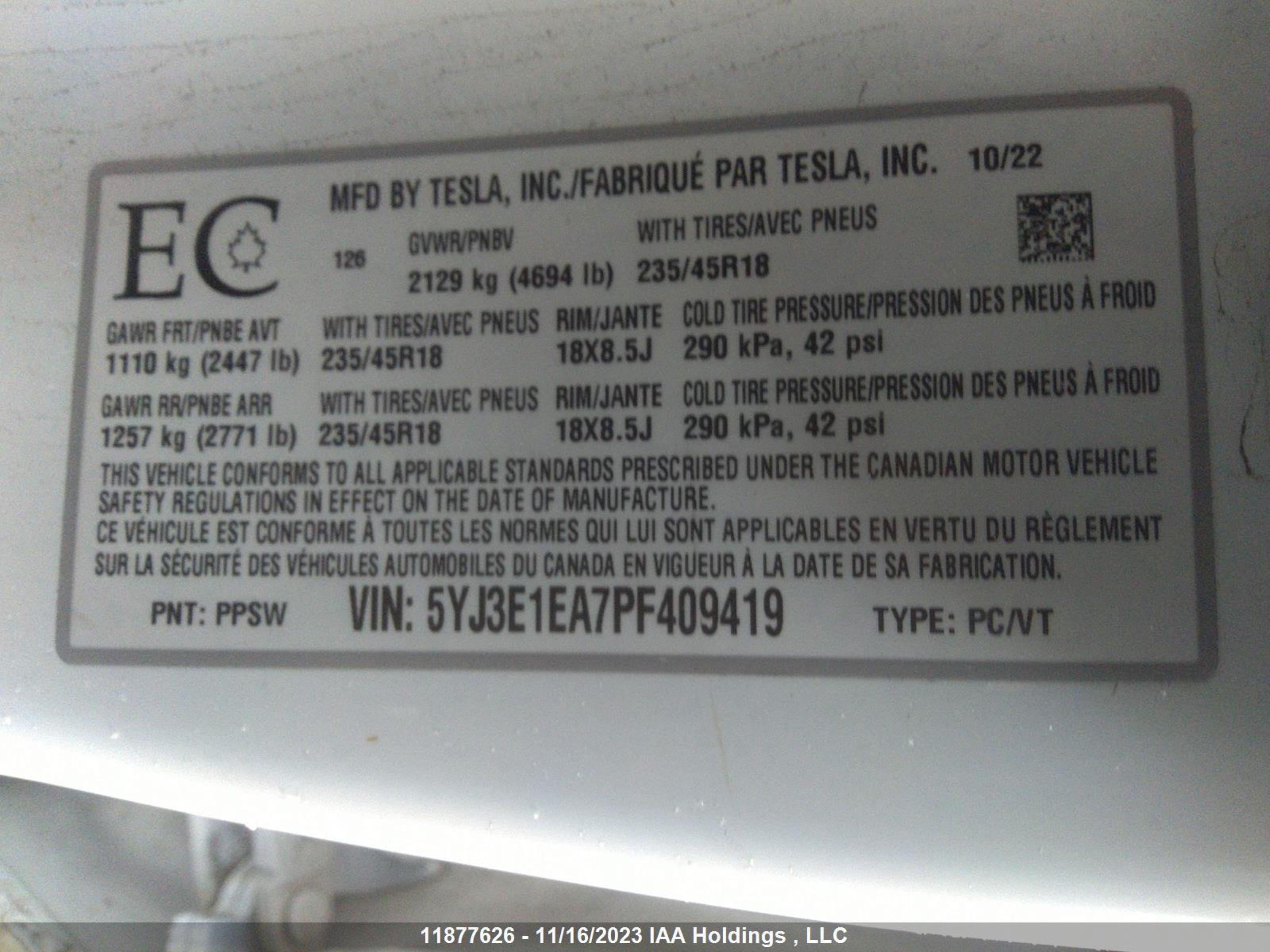 Photo 8 VIN: 5YJ3E1EA7PF409419 - TESLA MODEL 3 