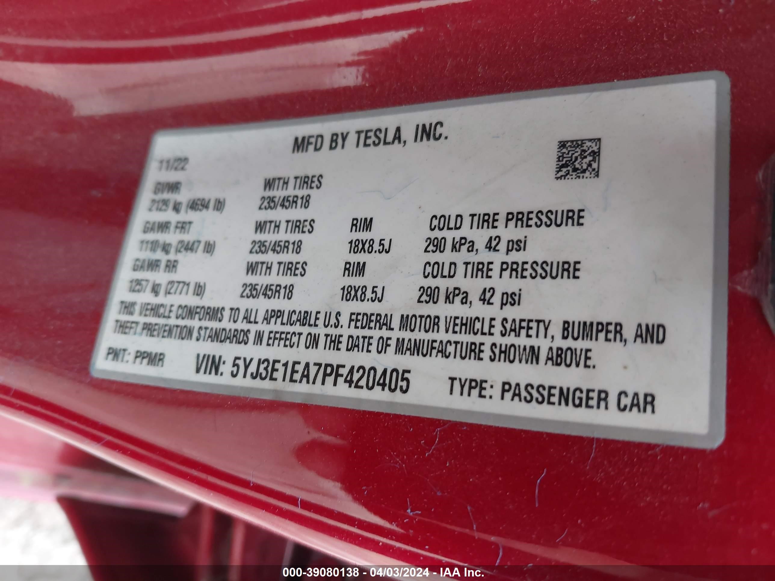 Photo 8 VIN: 5YJ3E1EA7PF420405 - TESLA MODEL 3 