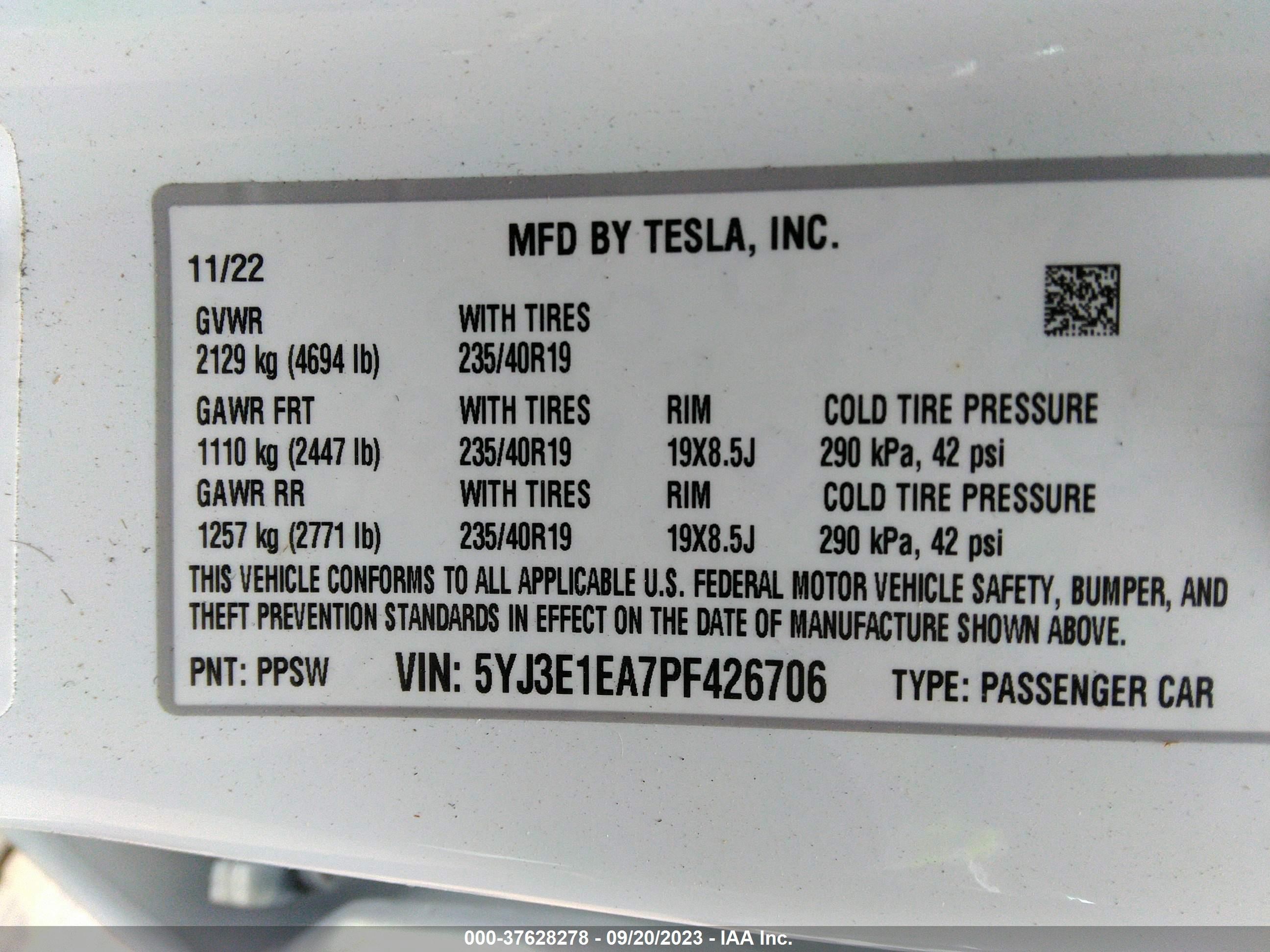 Photo 8 VIN: 5YJ3E1EA7PF426706 - TESLA MODEL 3 