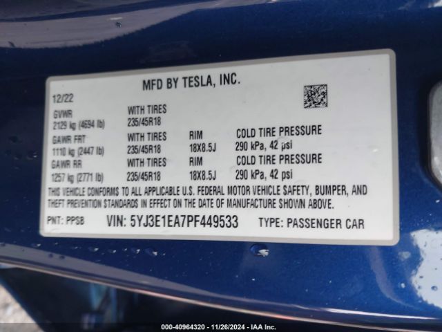 Photo 8 VIN: 5YJ3E1EA7PF449533 - TESLA MODEL 3 