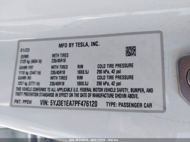 Photo 8 VIN: 5YJ3E1EA7PF476120 - TESLA MODEL 3 