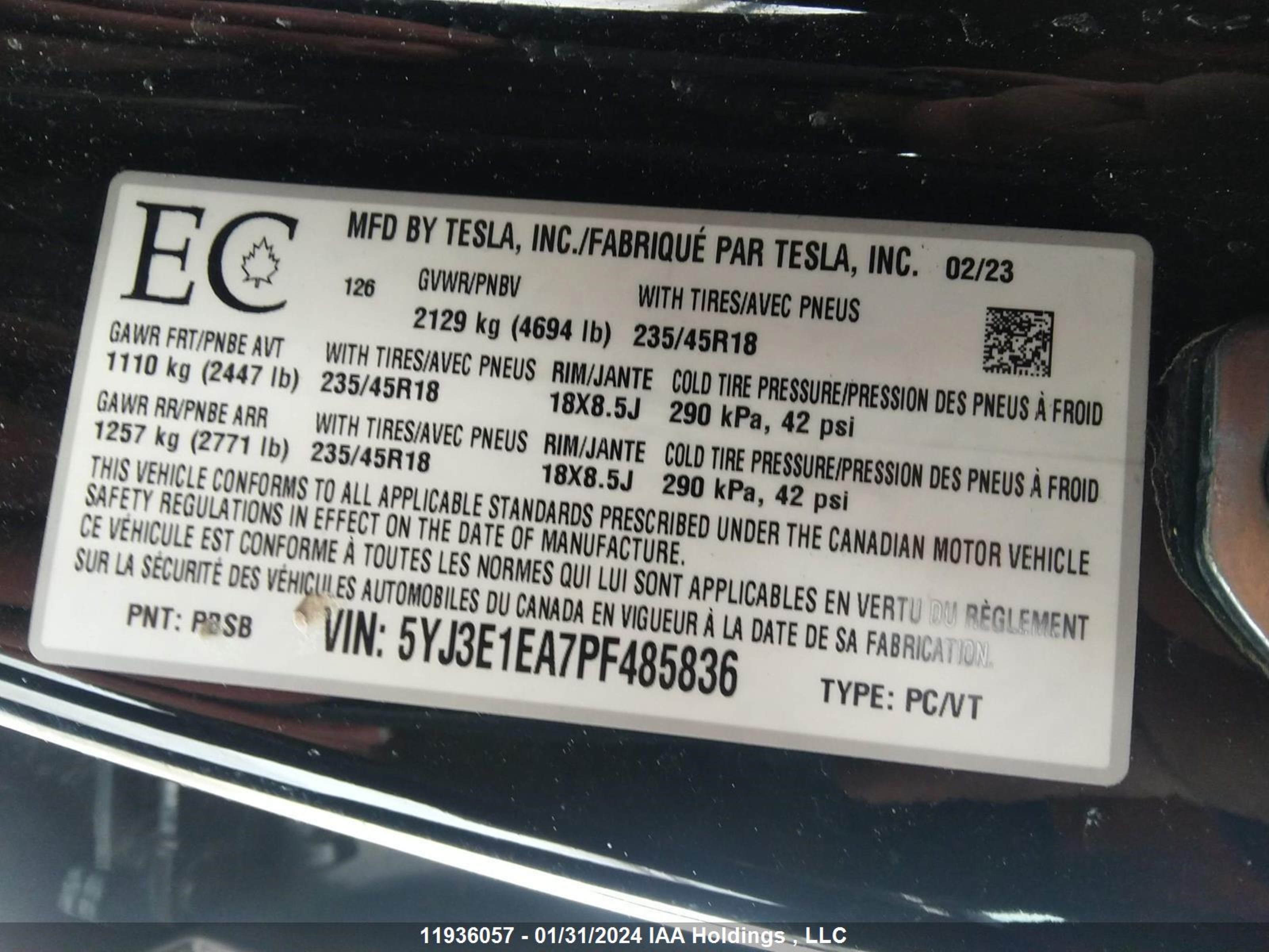 Photo 8 VIN: 5YJ3E1EA7PF485836 - TESLA MODEL 3 