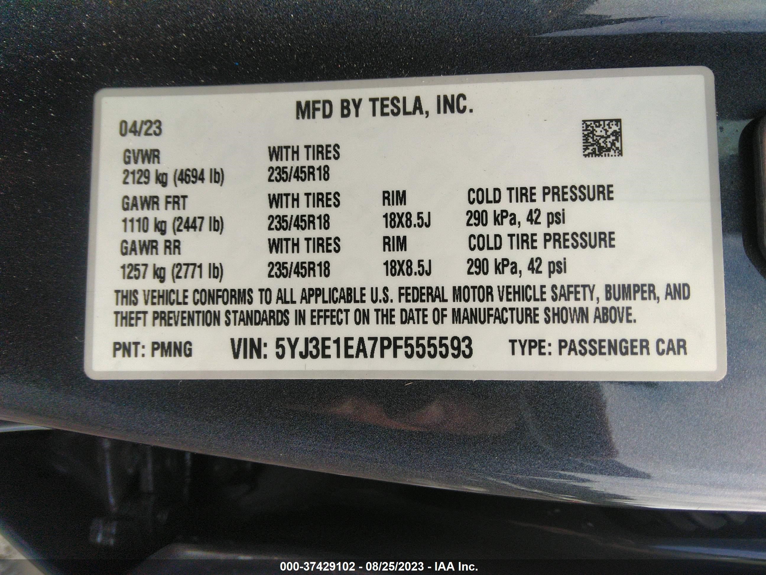 Photo 8 VIN: 5YJ3E1EA7PF555593 - TESLA MODEL 3 