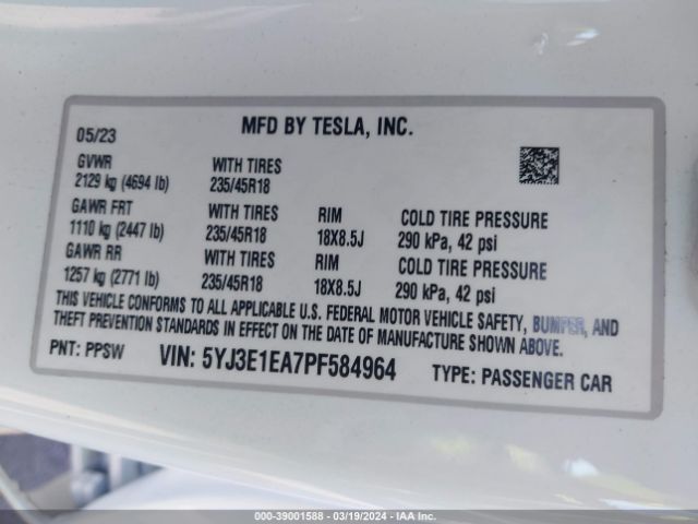 Photo 8 VIN: 5YJ3E1EA7PF584964 - TESLA MODEL 3 