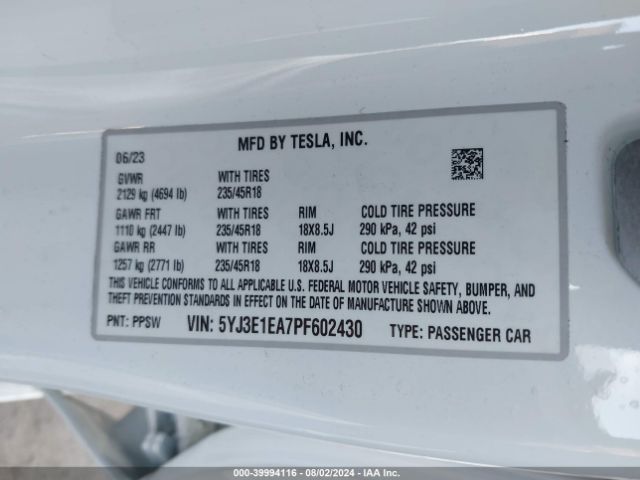 Photo 8 VIN: 5YJ3E1EA7PF602430 - TESLA MODEL 3 